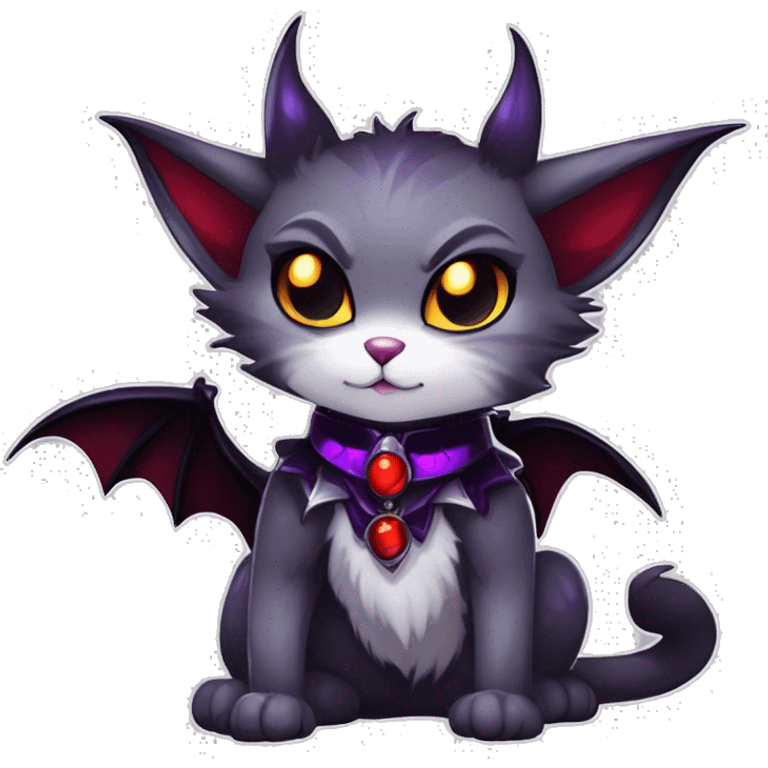 Anthro-Cute-Edgy-Cool-Vampiric-Batty-Cat-Black-Purple-Red-Grey-White-Yellow-Contrast-Colors-Fantasy-Fur-Sona-Chibi-Shiny-Fakémon-Hybrid with horns and fangs and collar full body emoji