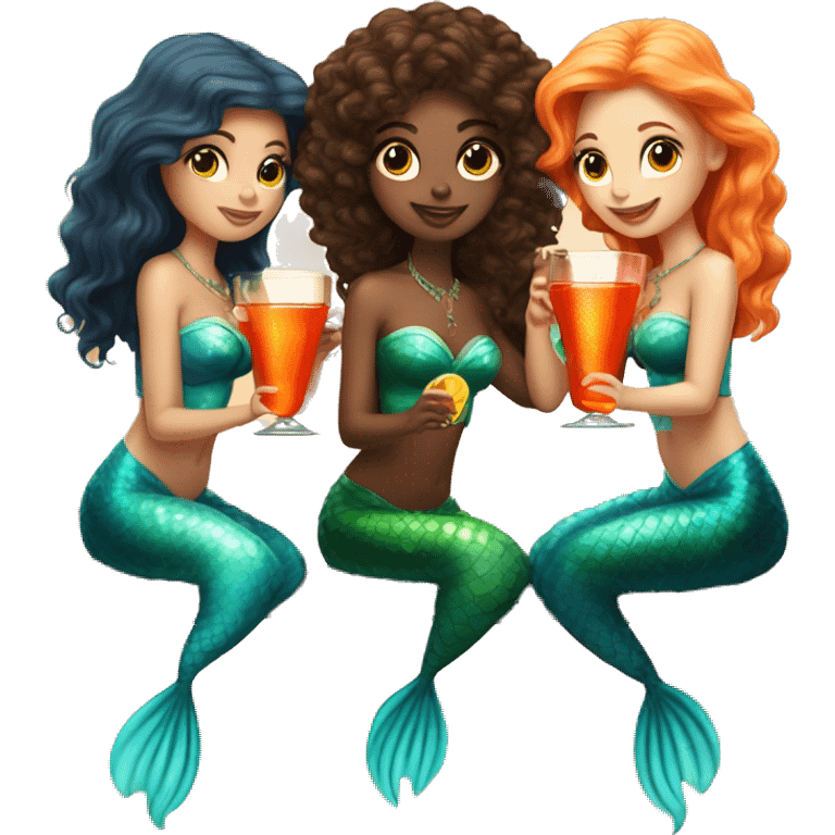 Three beautiful mermaids (light skin) drinking aperol emoji