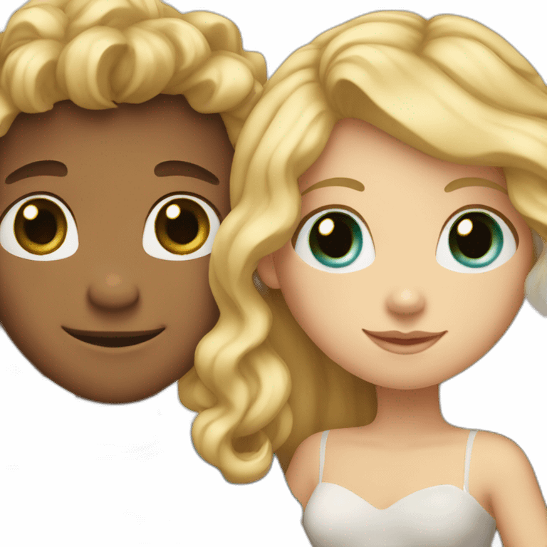 Girl with blonde wavy hair and blue eyes holding hands with blonde boy with brown eyes emoji