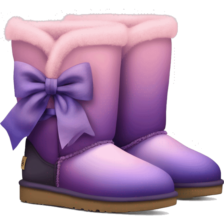 Realistic pair of pastel pink,to dark purple ombre Ugg fur boots with silk ribbon bows. emoji