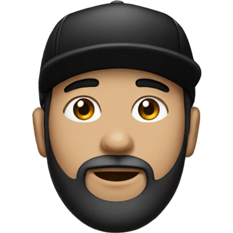 Man with black hair and beard and a black cap on and with black t shirt with white skin emoji