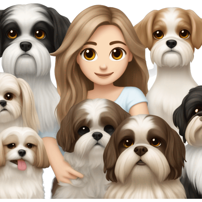 A couple, one very beautiful white  girl with very long volume hair brown and blond and one white boy with perfect brown hair that hugs her and also hugs two little dogs shih tzu black and white emoji