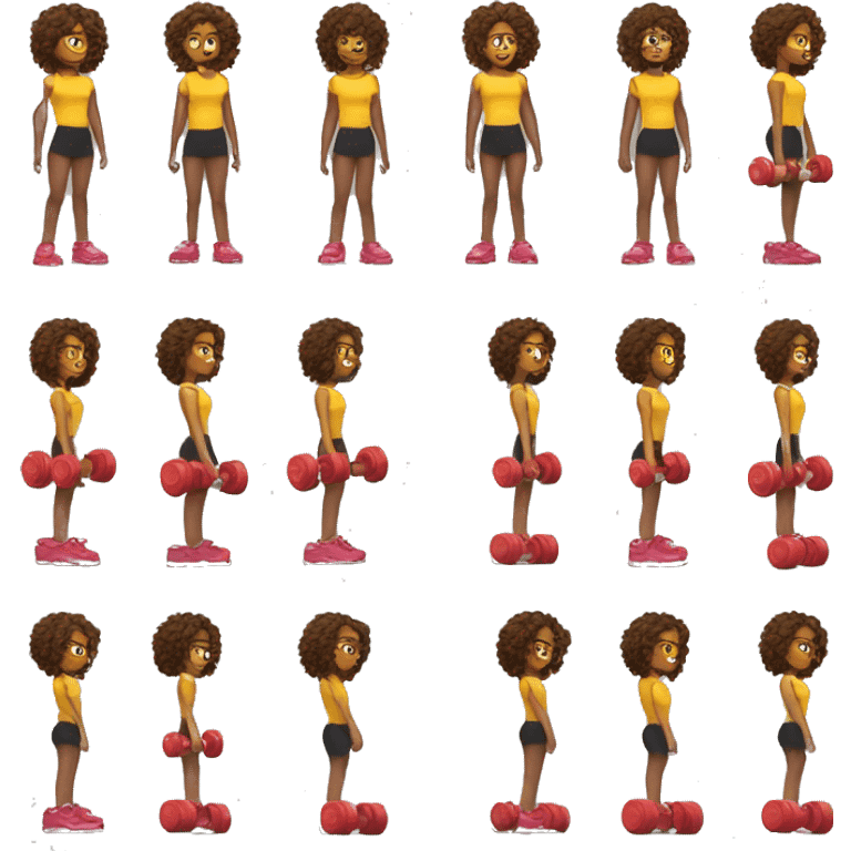 strong girl, with curly hair, lifting weights with red and yellow weights  emoji