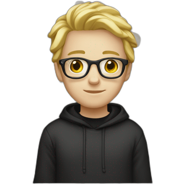 realistic thin white teenager with blond hair.  He is cross-eye)d and wears black glasses.  He is also wearing a white hooded sweatshirt.  he has black eyes and a long face emoji