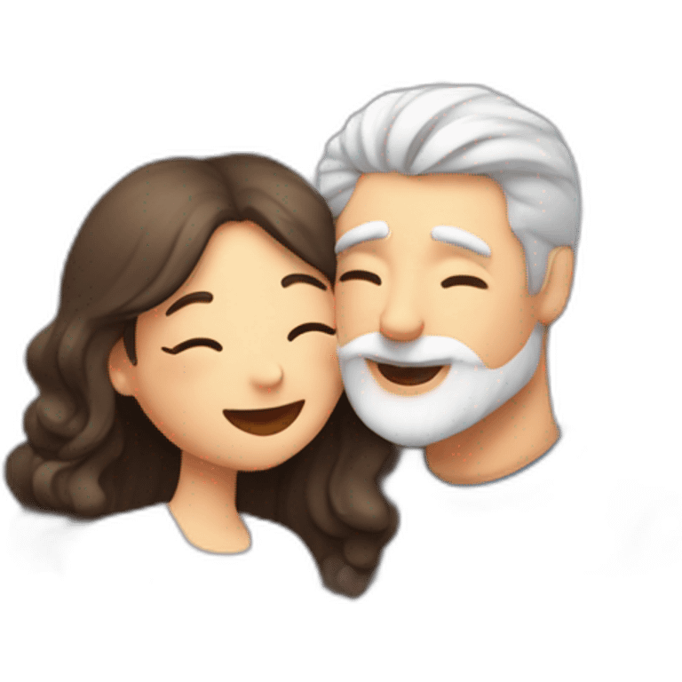 image of woman with dark brown hair kisses and hugs man with gray hair and white beard with floating hearts emoji