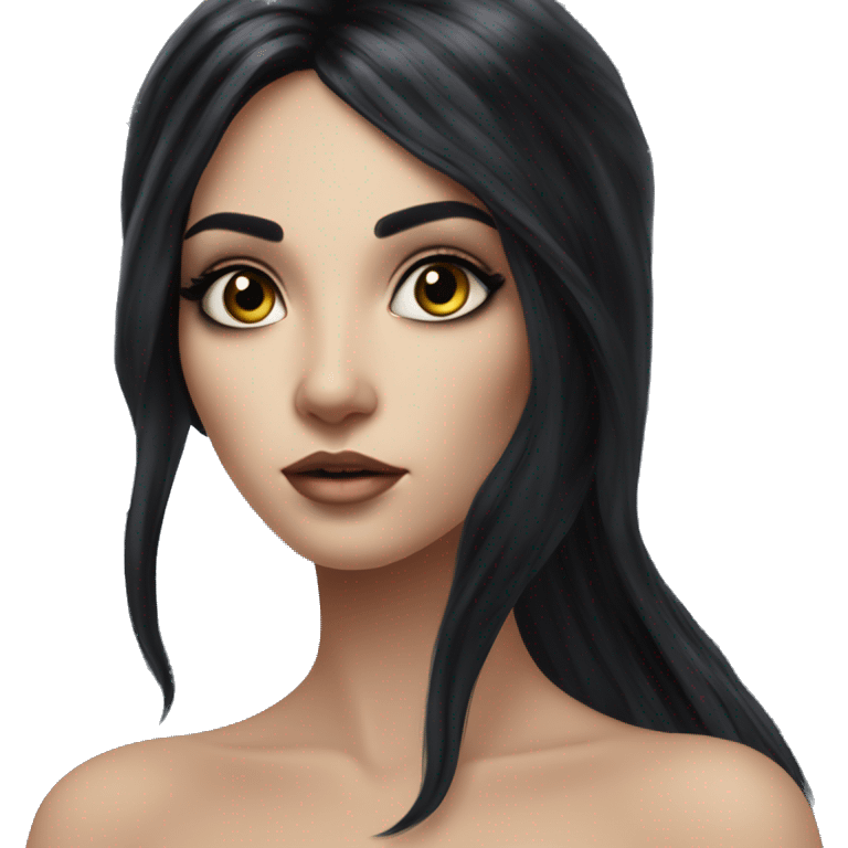 fairy with long, flowing black hair. She is slender with an hourglass figure and has strikingly large, expressive eyes. The fairy is applying black mascara to her long lashes, showcasing her beauty and elegance emoji