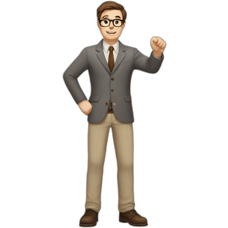 To belt Actively gesturing with hands Pale skinned fit man teacher with dark brown hair in gray jacket, beige office shirt, brown tie, brown pants and vintage glasses. emoji