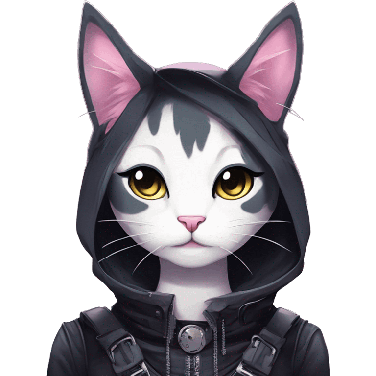 Gorgeous edgy shiny epic magical gradient gothic dark techwear anime style anthro cat with blushing face aesthetic and pretty edgy black with collar and harness trending style emoji