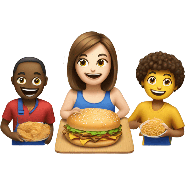 An emoji representing a food competition with three participants: a large person, a medium-sized person, and a small person, all competing in a fun and lively eating contest emoji