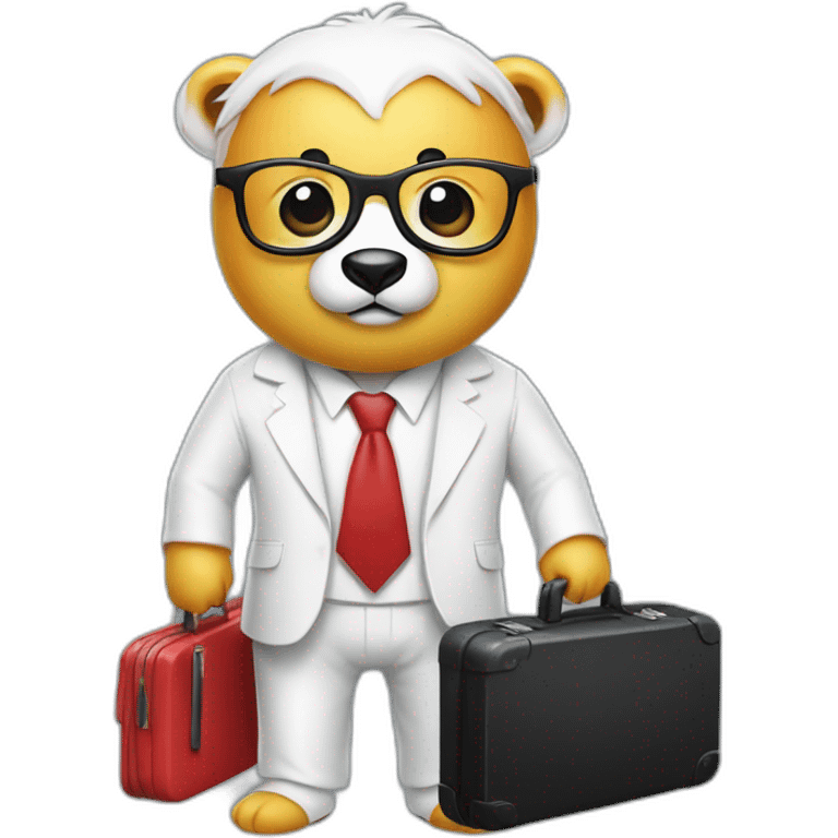 A professor with white suit and red tie and a panda face eating a hotdog and holding a black suitcase emoji