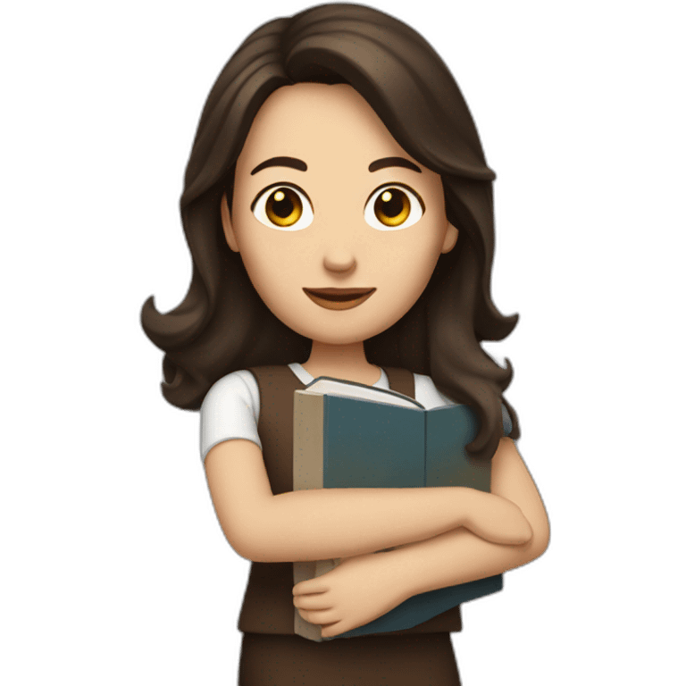 White woman with dark brown hair holding a book emoji