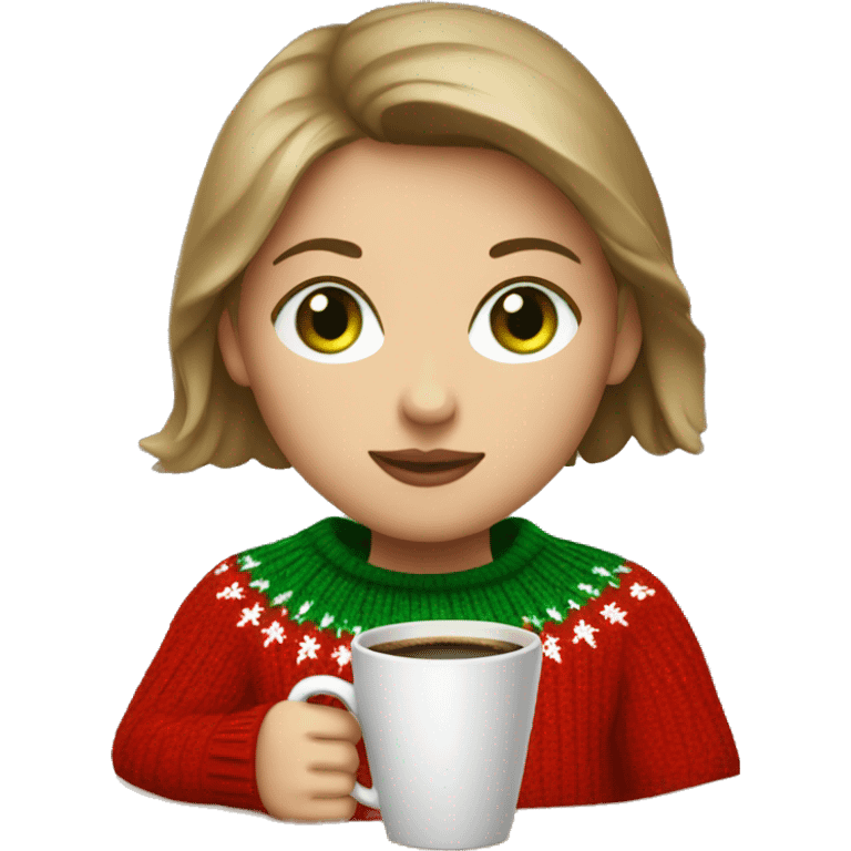 Light brown short haired girl with green eyes drinking coffee wearing red Christmas sweater emoji