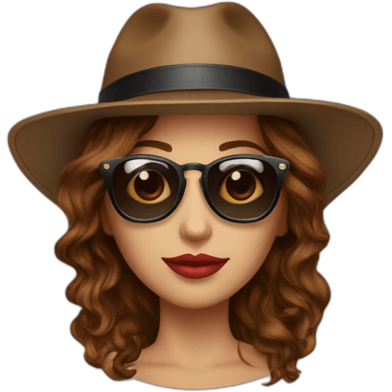 sunglasses on female head with wavy brown hair and a poker hat emoji