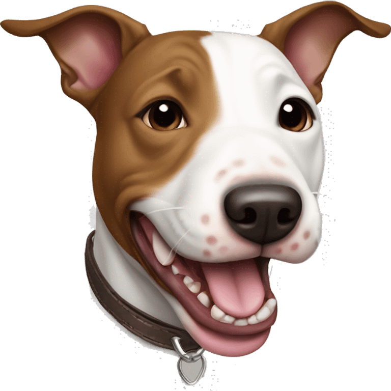 brown with white miniature bull terrier dog showing tongue emoji