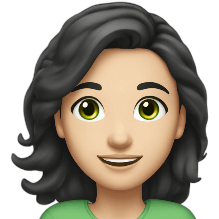 Caucasian woman with black hair and green eyes cheerful emoji