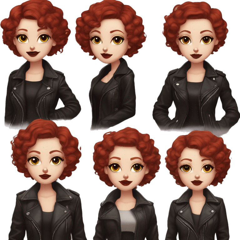 Girl with very pale skin, bright red curly short hair with a side part, black cat-eye makeup, long eyelashes, dark maroon blush and lipstick.  Her eyebrows are dark, arched and very high.  Hazel eyes. Big lips. Thin. Wearing a leather jacket  emoji