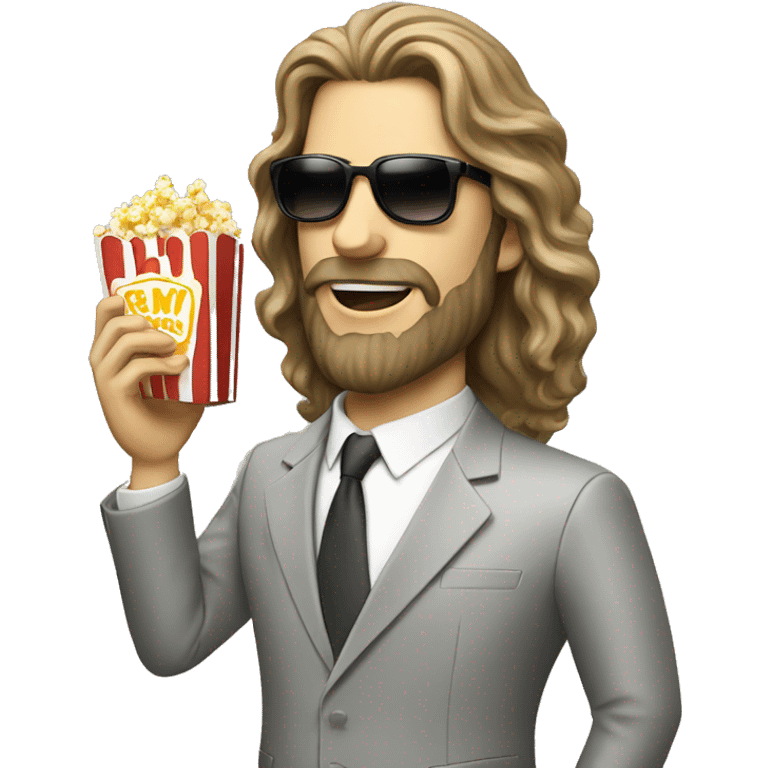 long hair white man in suit with sunglasses eating popcorn with a cap emoji