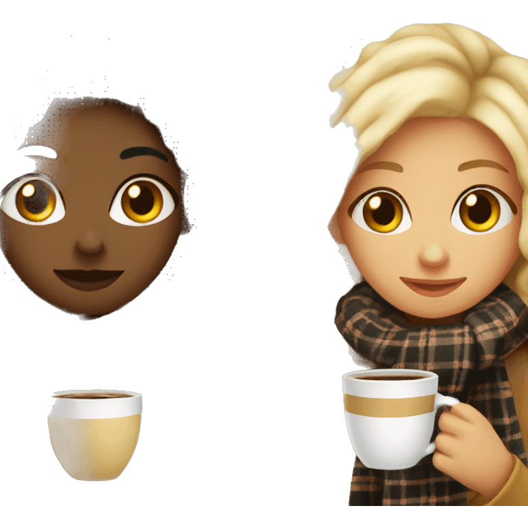 blonde and black hair Girl drinking coffee, with a cozy blanket emoji