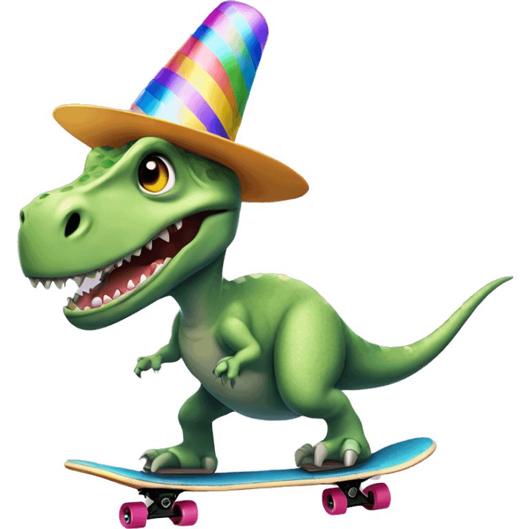 Dinosaur riding a skateboard with a party hat emoji