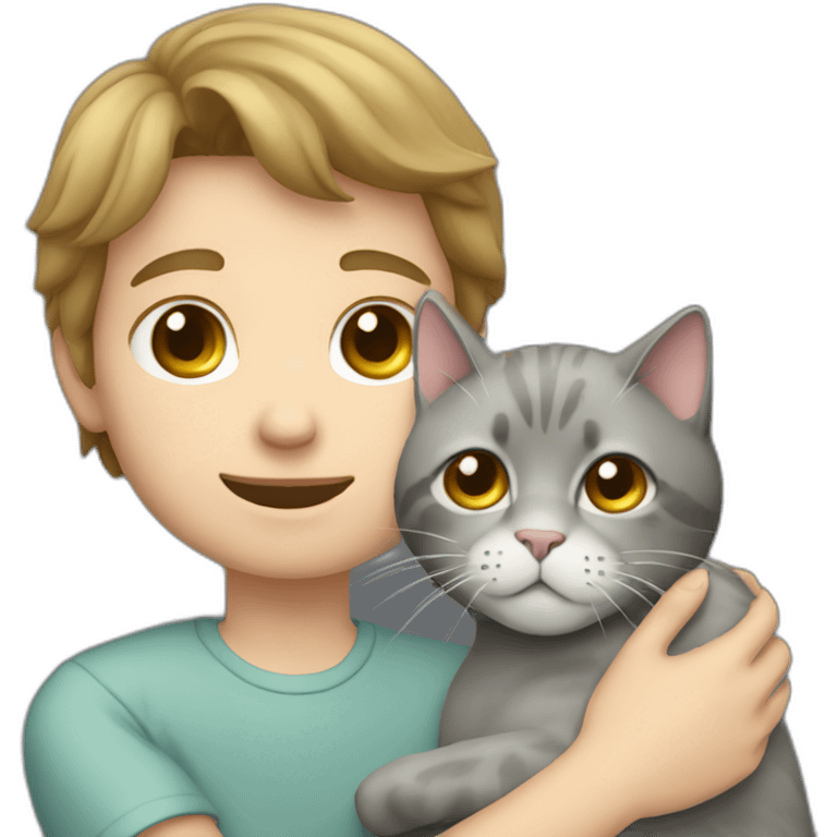 White brunette boy petting grey cat emoji