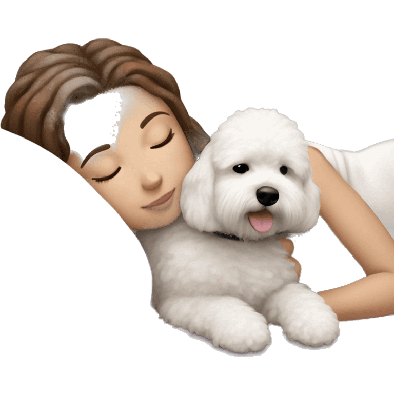 White girl brown hair sleeping with Mini Bichon emoji