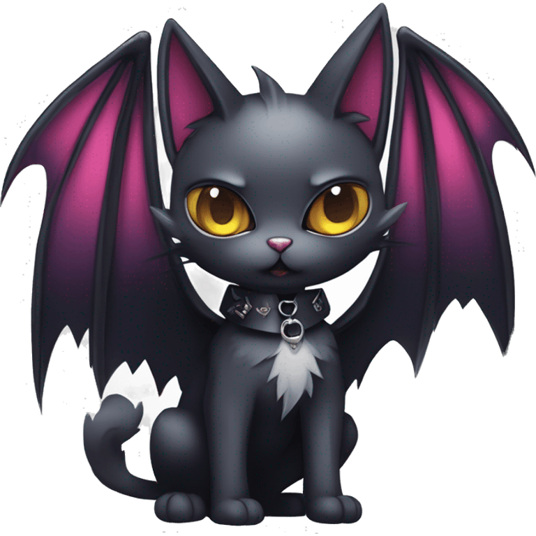  cool edgy kawaii ethereal dark-punk-themed animal vampiric cat-hybrid Fakemon with fangs and bat-wing-ears with a collar full body emoji