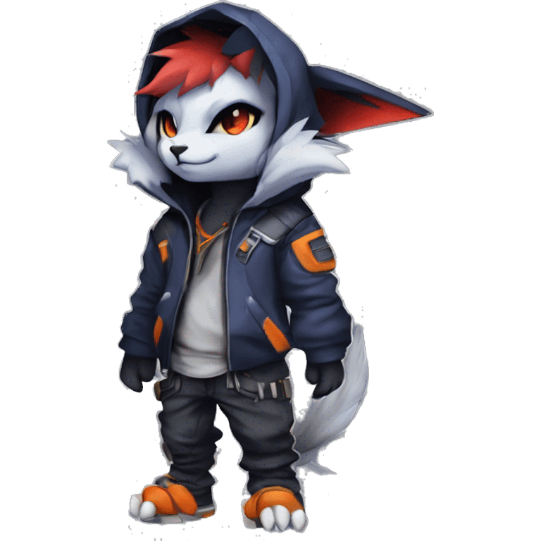 Cool Dark Anthro Chibi Absol-Noivern-Litten-Lynx-Pokémon with edgy stripes hoodie spiked collar punk techwear Cargo Pants Full Body emoji