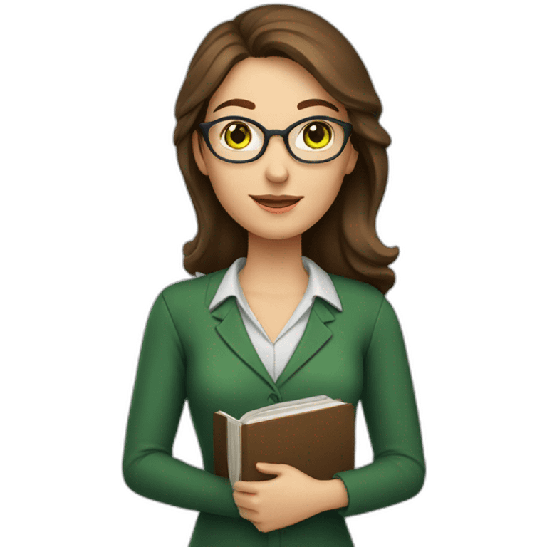 Teacher woman with brown hair and green eyes with a book and a pointer  emoji