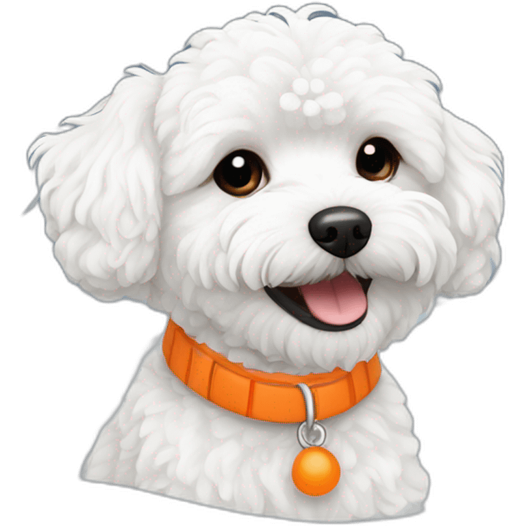 white maltipoo enjoying in the snow with orange collar emoji