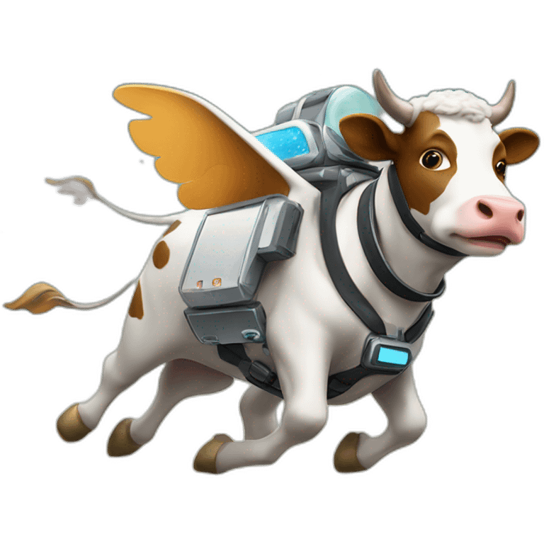 cow flying to space while wearing a jetpack emoji