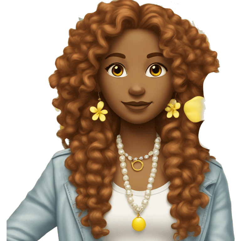 Brown skinned girl, long curly ginger hair, pearl earrings, bling tennis necklace, yellow Hawaiian flower in hair,  emoji