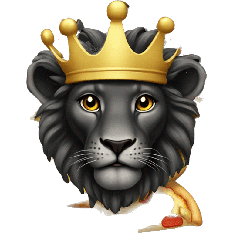 A Black lion with a gold crown on the hat. eating a pizza emoji