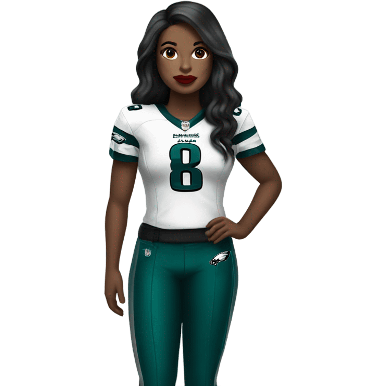 White female long dark hair red lips wearing Philadelphia Eagles jersey emoji