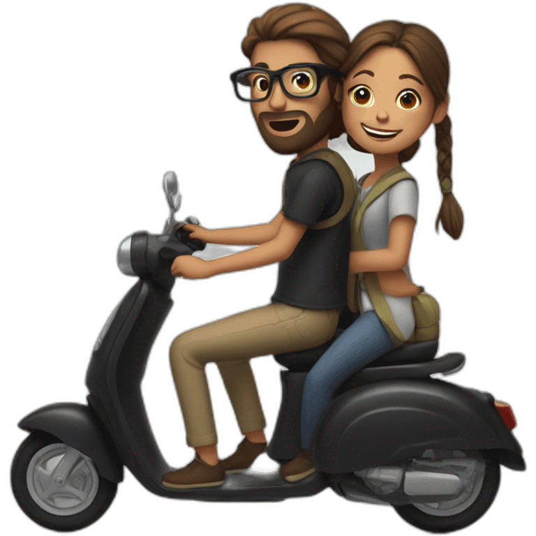 boy with long hair tied in a bun, beard, and glasses, riding a black scooter with a girl on the back emoji