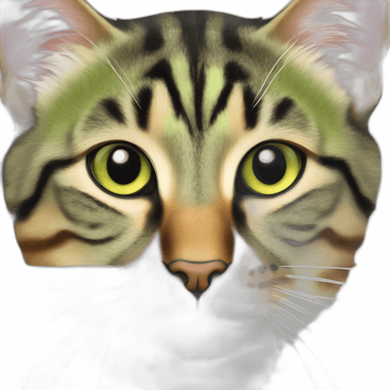 cat Tabby (Mainly most black and brown) fluffy cat pink-nose light-green&yellow-eyes,-white-long-whiskers,-white-spots-near-the-nose,sharp chin.,long ears,sharp of the eyes emoji