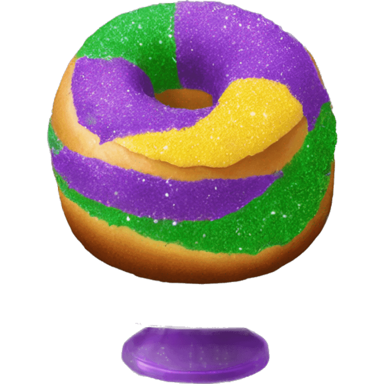 Realistic single isolated flat mardi gras oval bundt king cake with glitter icing on top half of the cake. emoji