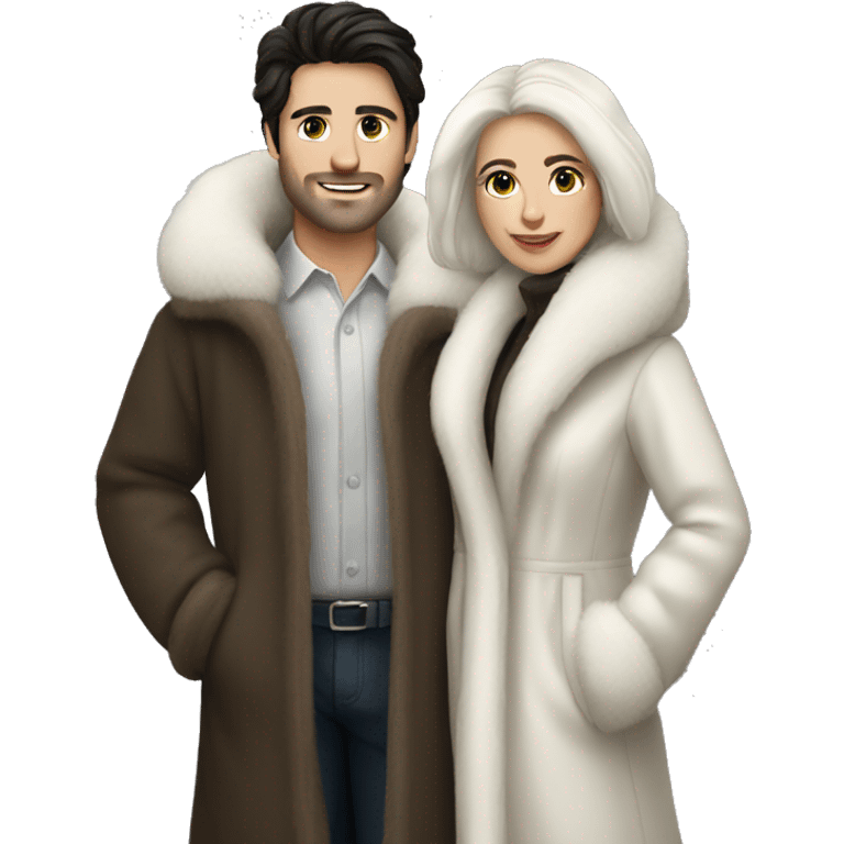 Dark haired White couple in long fur coats emoji