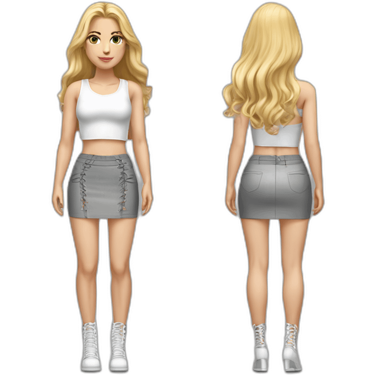 hyperrealistic caucasian female, long straight blonde hair, white lace up crop top, grey mini tight skirt, body view emoji