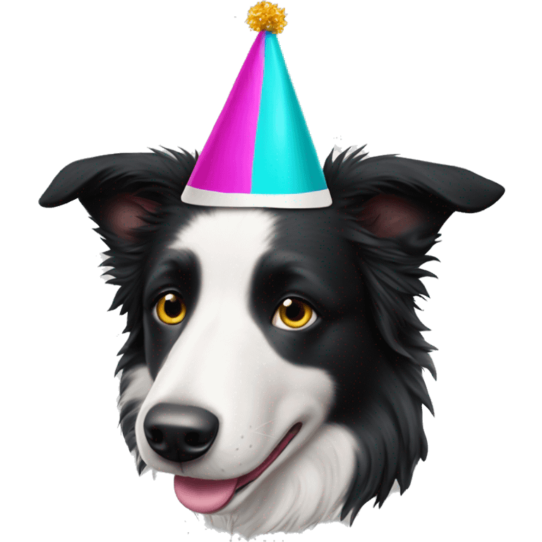  The Australian Border Collie has a face that is half black and half white and is wearing a party hat. emoji