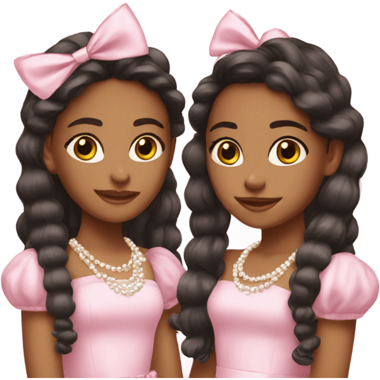 two pretty teenage Latina twins. pink. Long hair. Pink bows. Pearls. Light pink. Diamonds dress. emoji