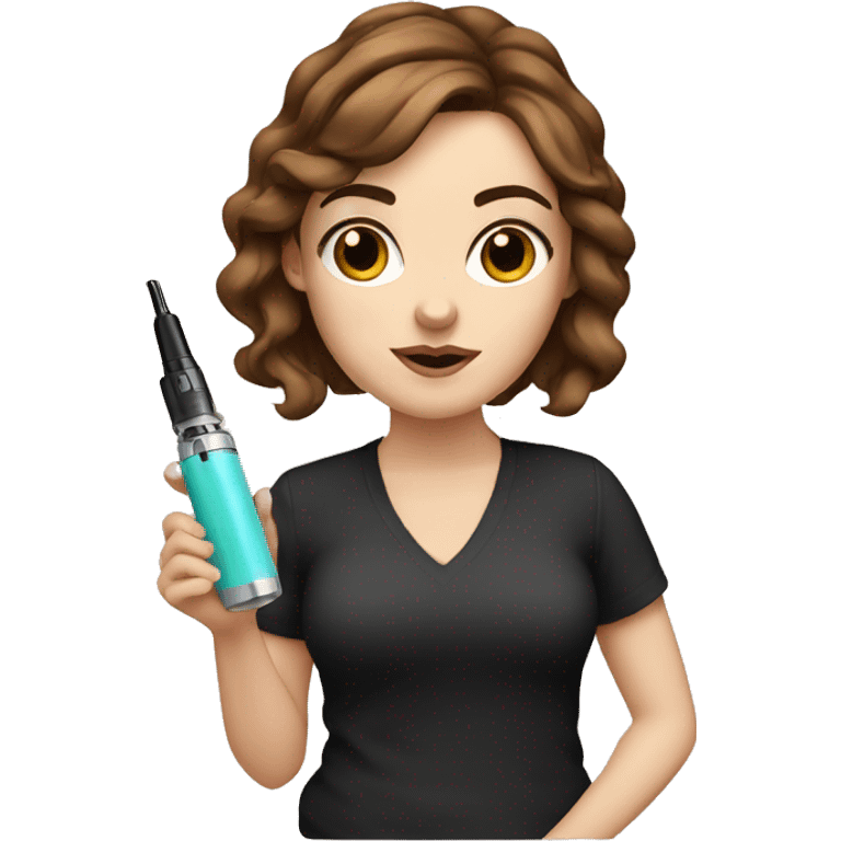 White girl with short brown hair and black eyes holding a vape emoji