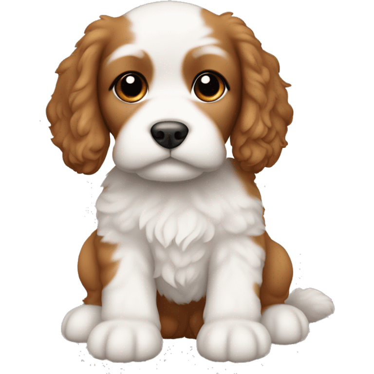 cockapoo puppy brownish orange in colour with white on stomach and chin. No white fur on forehead, and only white on the two back paws emoji