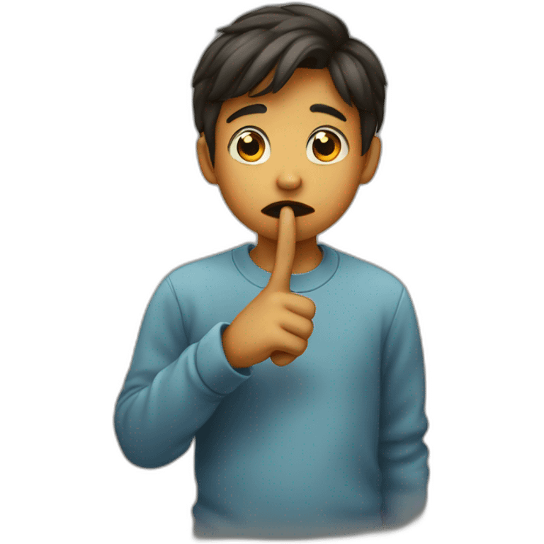 A boy with his finger in his mouth making the silence sign emoji