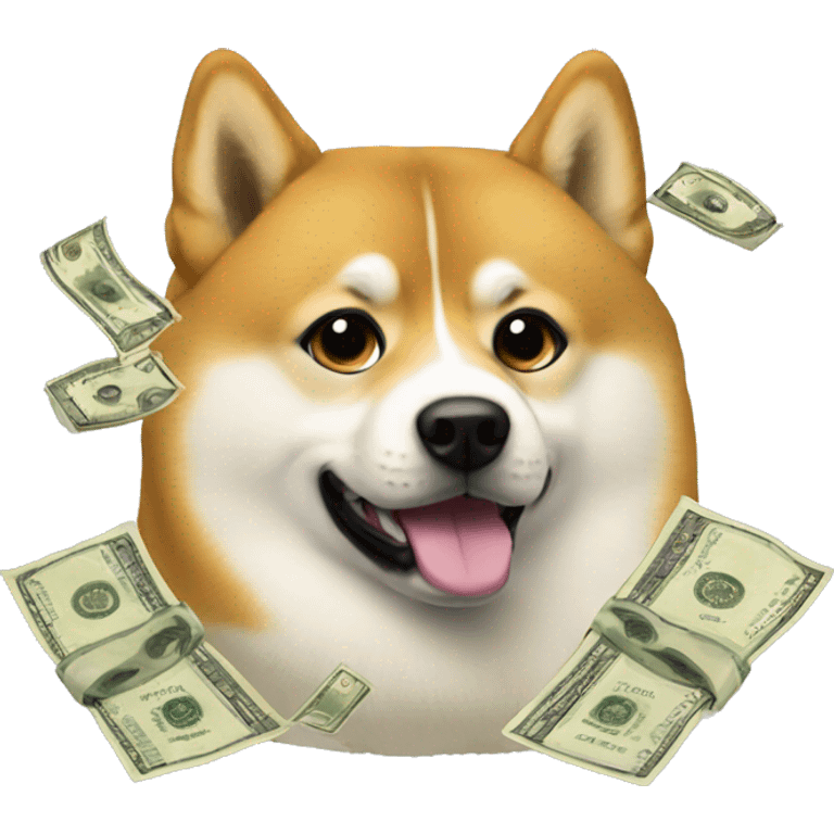 Doge with money in the background and flying text  emoji