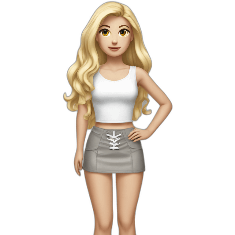 hyperrealistic caucasian female, long straight blonde hair, white lace up crop top, grey tight mini skirt emoji