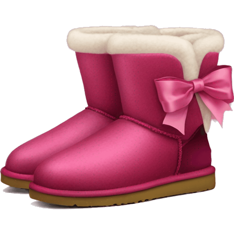 Realistic pair of raspberry color Ugg fur boots with silk ribbon bows. emoji