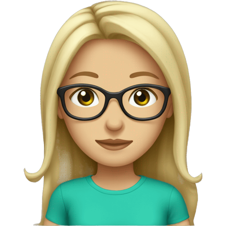 Girl, brown hair, blonde highlishts, green eyes, glasses, turquoise t-shirt emoji