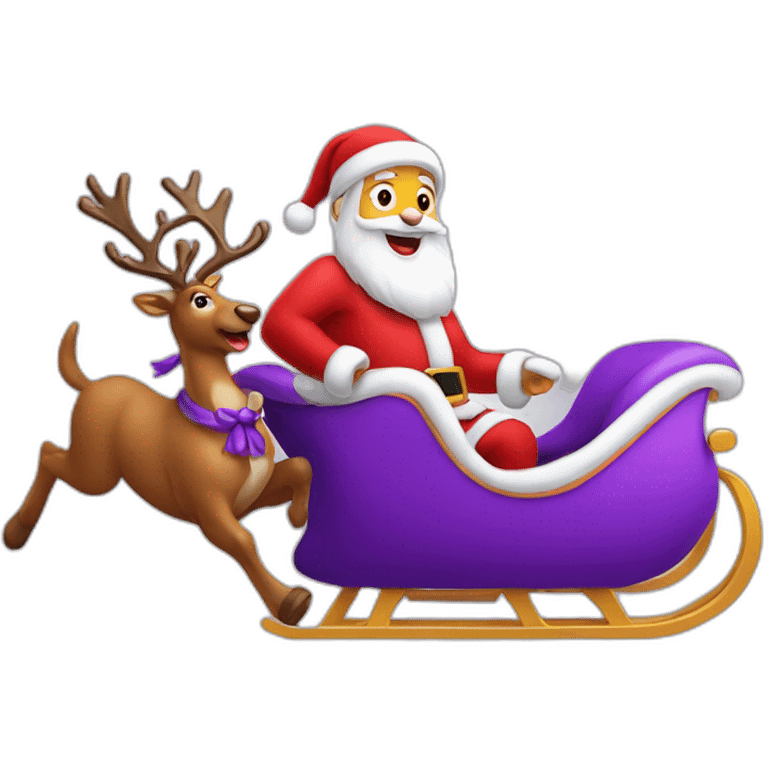 Santa Claus dressed in purple running with his sleigh and reindeer to deliver presents emoji