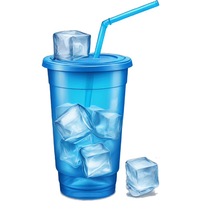 Realistic plastic cup and lid with blue soda and large ice cubes inside and straw through the top of the lid. emoji