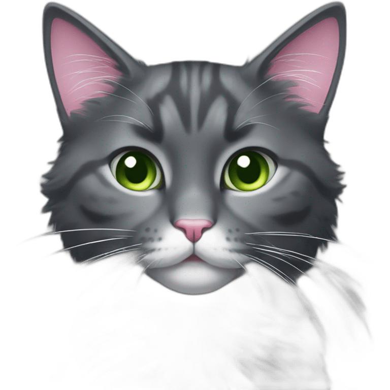 fluffy dark grey cat, pink nose, green eyes, white long whiskers, white spots near the nose, white breast emoji